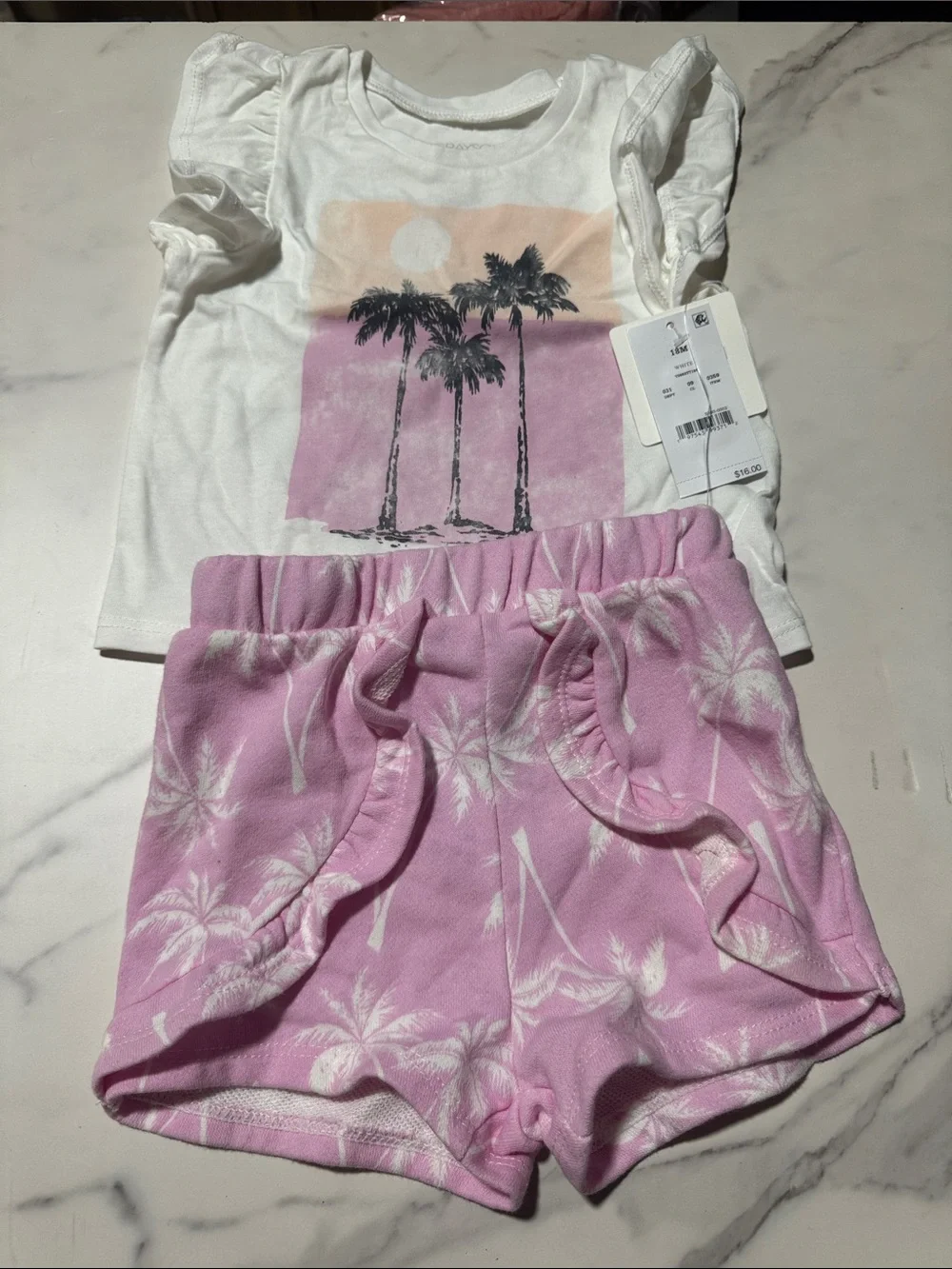 Carter's White Bow Print Footed Romper & Pink Palm Tee with Ruffle Shorts Set 1m - Picture 2 of 4